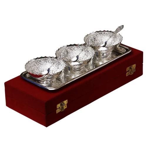Silver Plated Brass Bowl Set 7 Pcs. (Bowls 4'' Diameter & Tray 13" x 5.5")