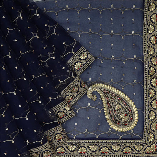 Navy Blue Organza Embroidery Saree With Jaal Design