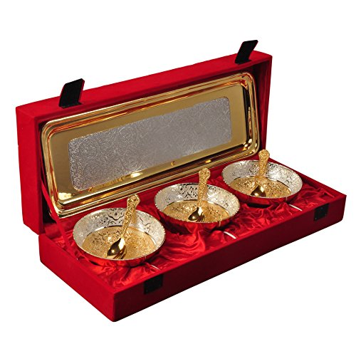 Silver & Gold Plated Brass Bowl Set 7 Pcs. (Bowls 4'' Diameter & Tray 13" x 5.5")