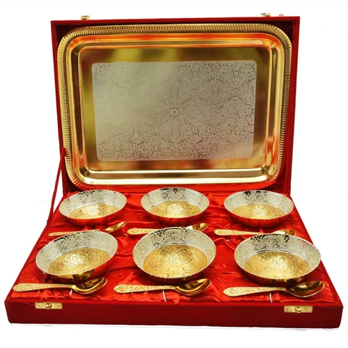 Silver & Gold Plated Bowl Set 13 Pcs. (Bowl 4" Diameter & Tray 14"x10")
