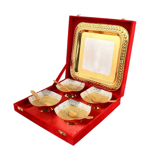 Silver & Gold Plated Brass Bowl Set 9 Pcs. (Bowl 4.75" & Tray 10" x 10")