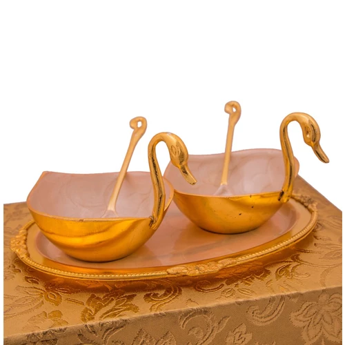 Silver & Gold Plated Brass Duck Shaped Bowl Set 5 Pcs. ( Bowl 3.5" diameter & Tray 8.75" x 6.75")