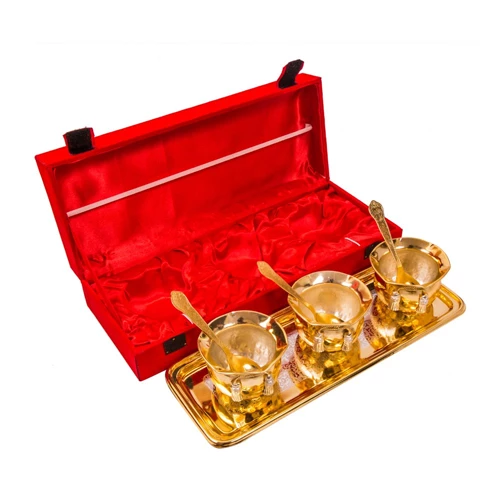 Silver & Gold Plated Brass Handi Set 7 Pcs. (Handi 3.5" Diameter & Tray 13" x 5.5")