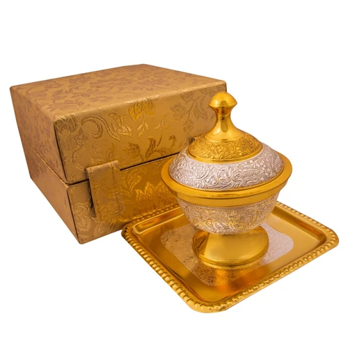 Silver & Gold Plated Brass Mouthfreshner Set (Bowl 4" Diameter, H - 3" & 6'' & Tray 6'' x 6'')